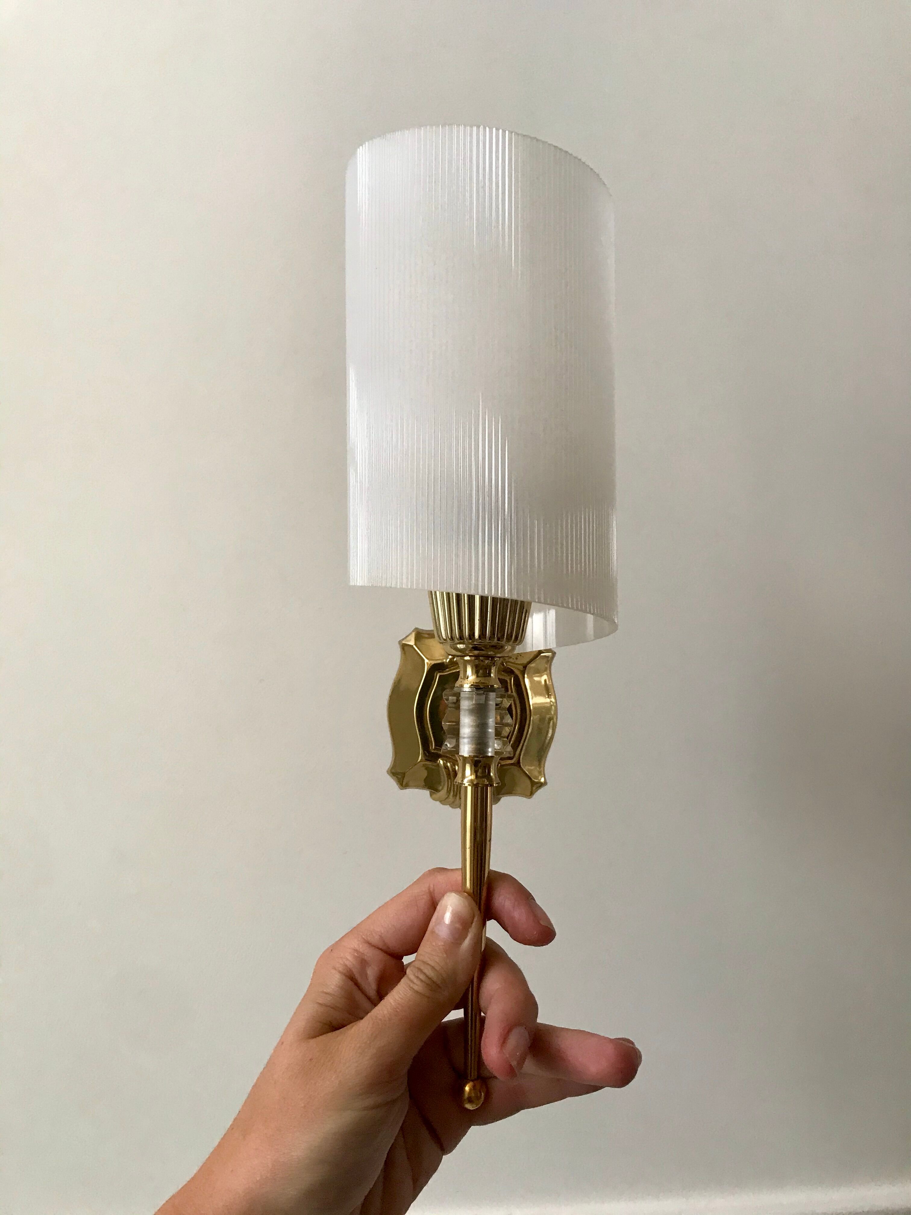 Pair of gold steel wall lamps, plexi and pleated plastic shades 60s-70s