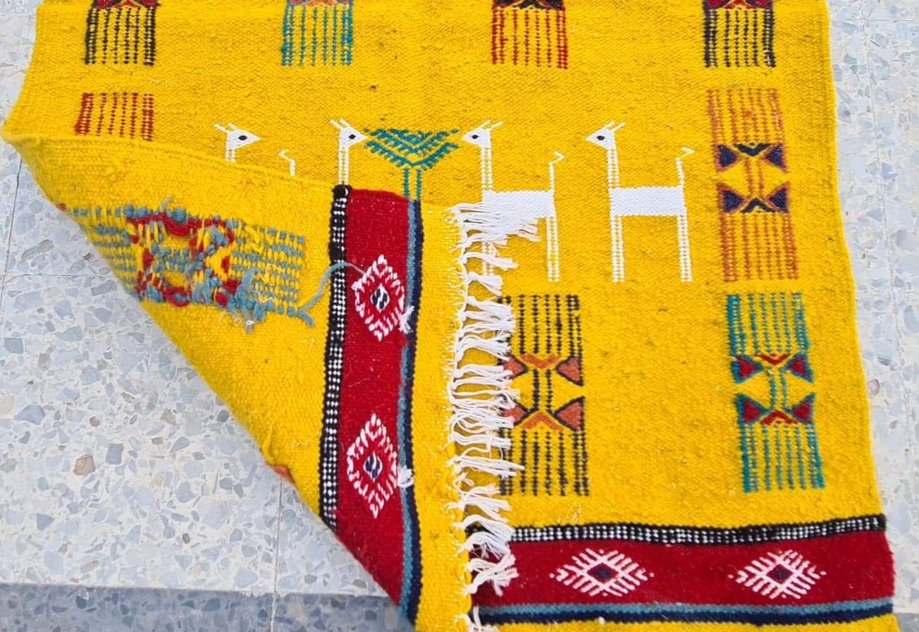 Traditional handmade biker yellow kilim carpet made of pure wool  - 120x70cm
