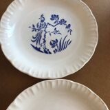 Set of 4 white Digoin flat plates with blue patterns, birds and plants, Paradis model