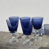 Set of 5 blue bubble stemmed glasses