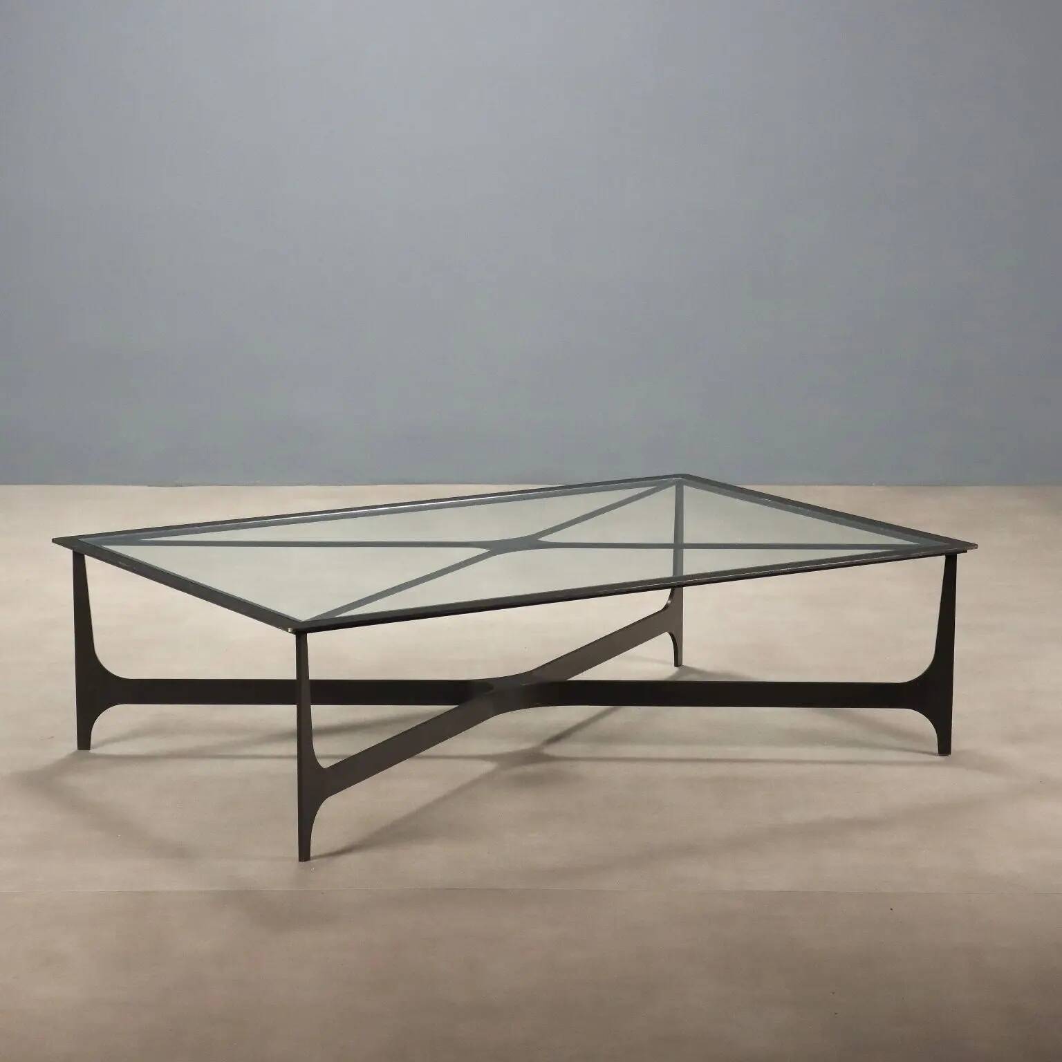 Small antique coffee table in black lacquered iron and glass, Italy, 20th century.