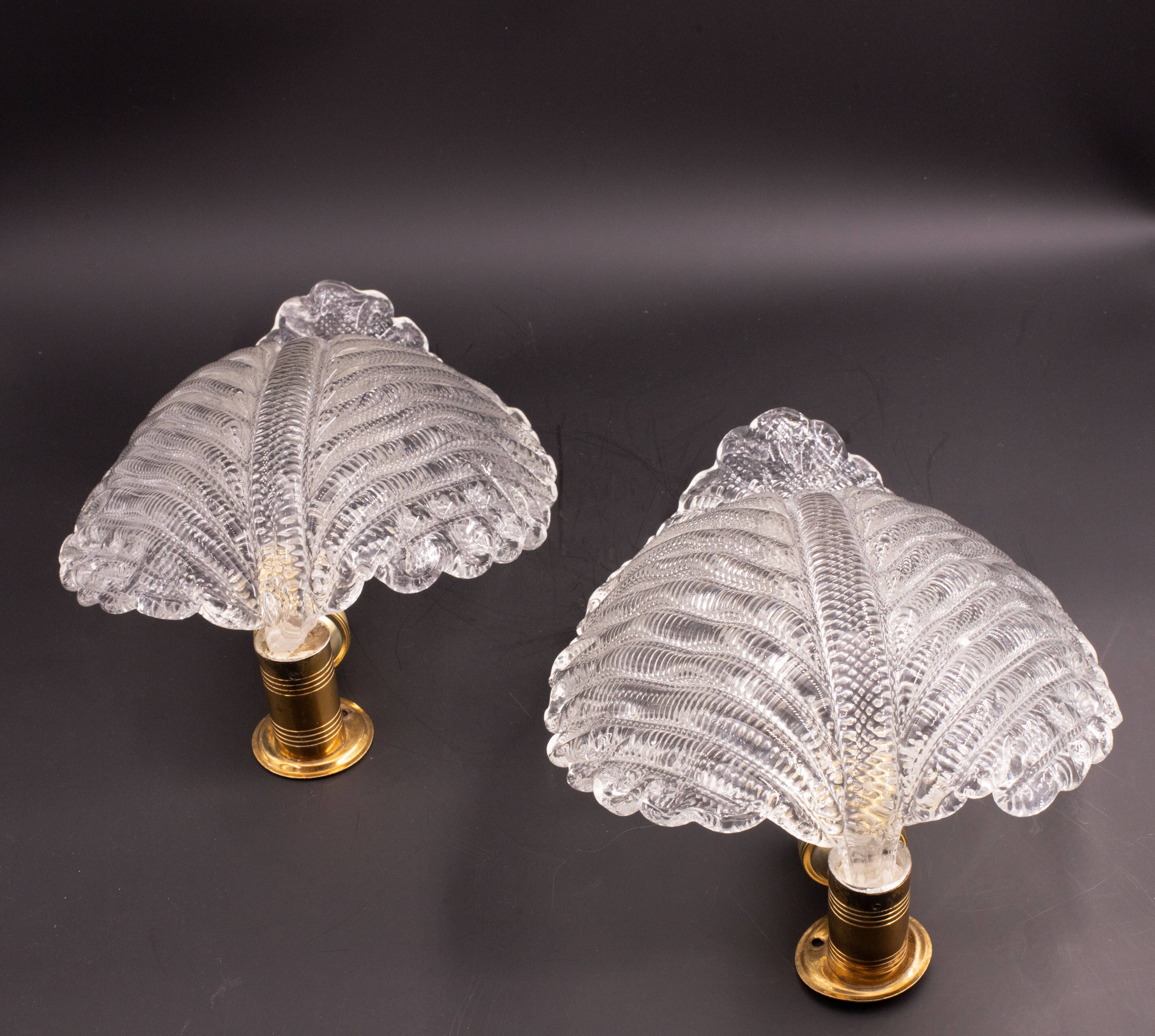 Set of 2 Wall light Trasparent Murano Glass Leave by Barovier e Toso, 1940s