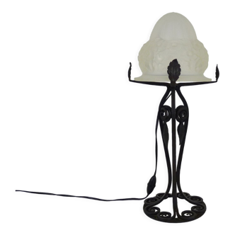 Lampe champignon Art Déco pied en fer forgé et globe en pâte de verre