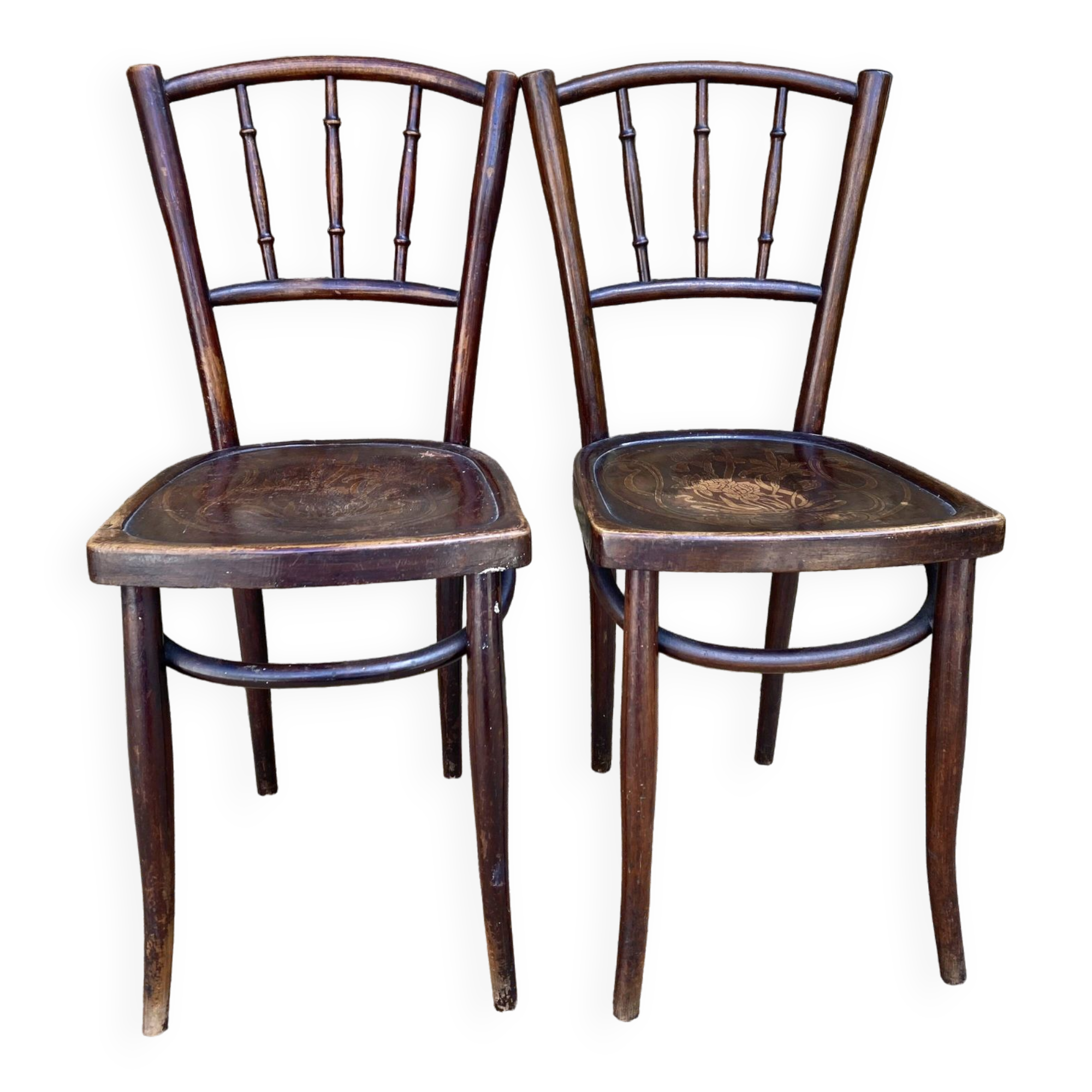 Pair of Thonet bistro chairs with flower decor, art nouveau