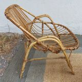4 armchairs and a coffee table made of rattan and bamboo wood, vintage.