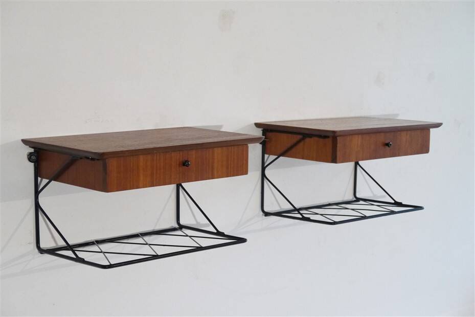 Pair of hanging teak bedside tables, 1960s