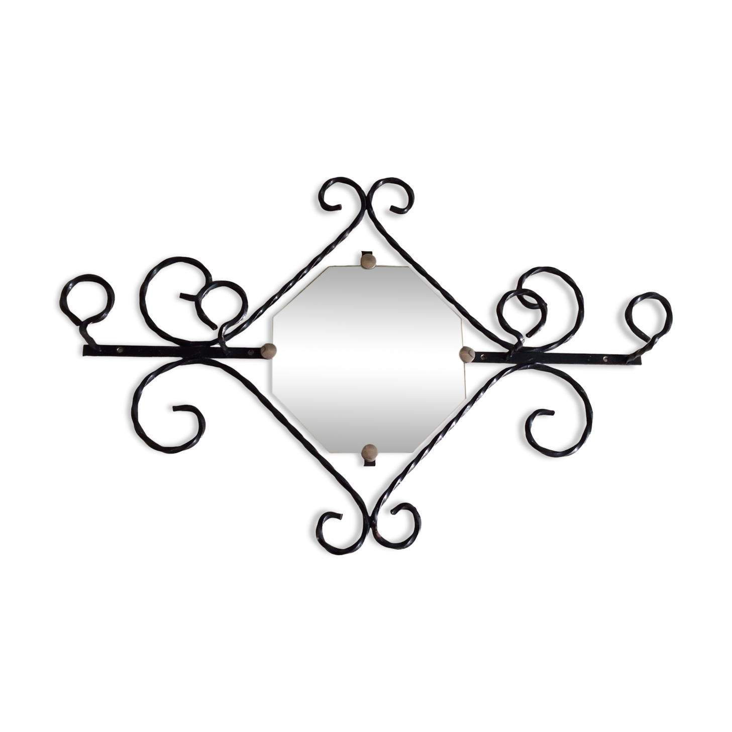 Wall coat rack in wrought iron and mirror 1950