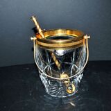 Vintage gold cut crystal ice bucket - ice cube pot + tongs CRISTAL AG
