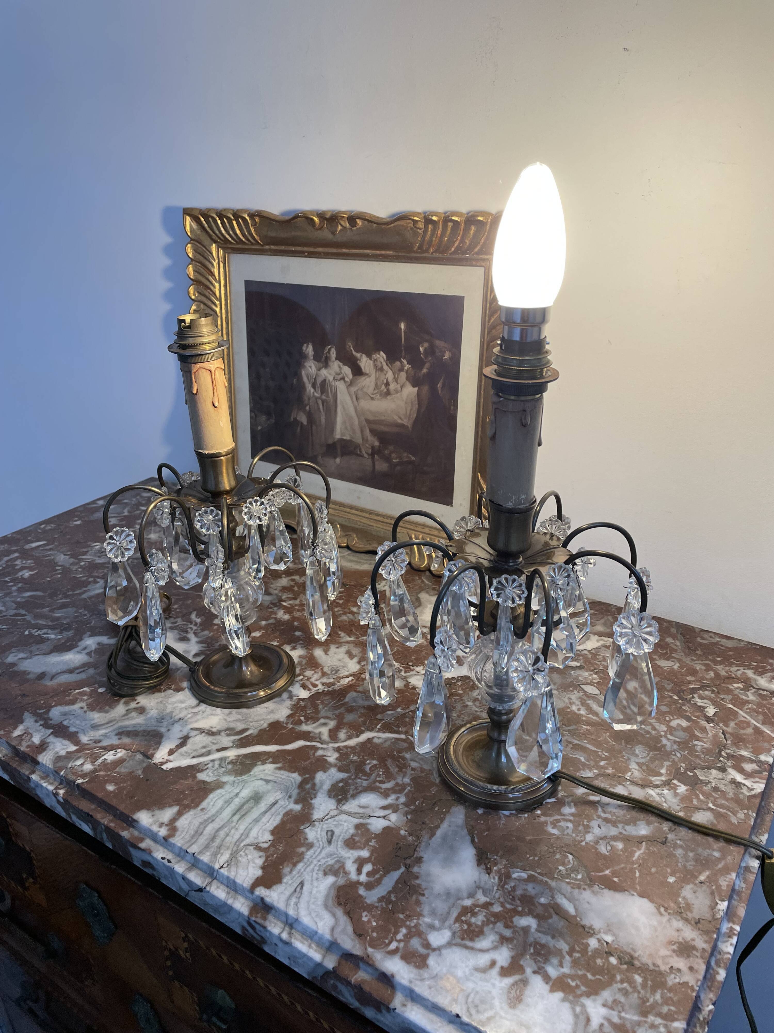 Antique, pair girandoles, candle holders, gilded brass, tassels, glass, drops, florets, 1 burner