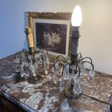 Antique, pair girandoles, candle holders, gilded brass, tassels, glass, drops, florets, 1 burner