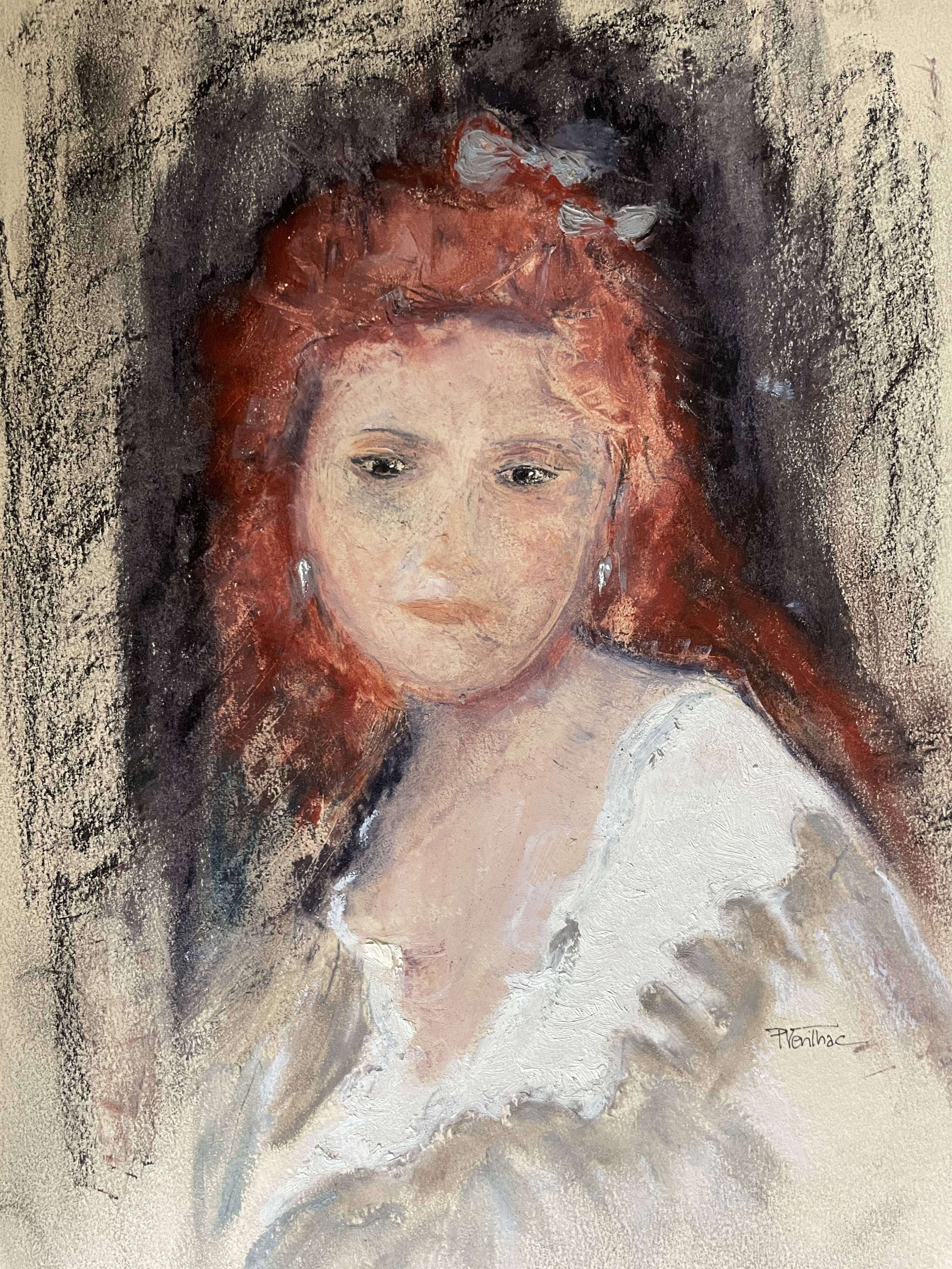 Tableau pastel signé portrait femme rousse