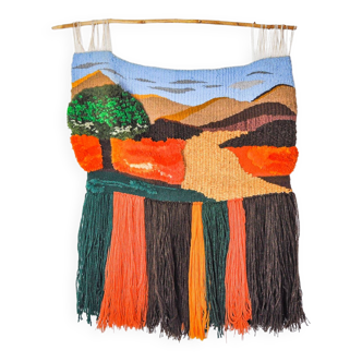 Textured macrame wall tapestry, Catalan landscape, Spain, 1970s
