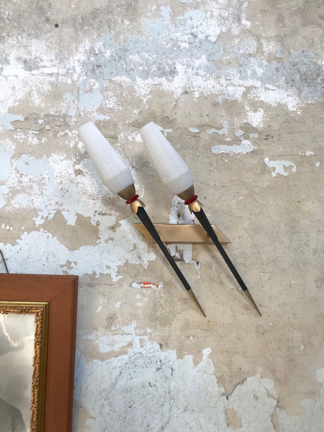 Pair of vintage metal and brass sconces