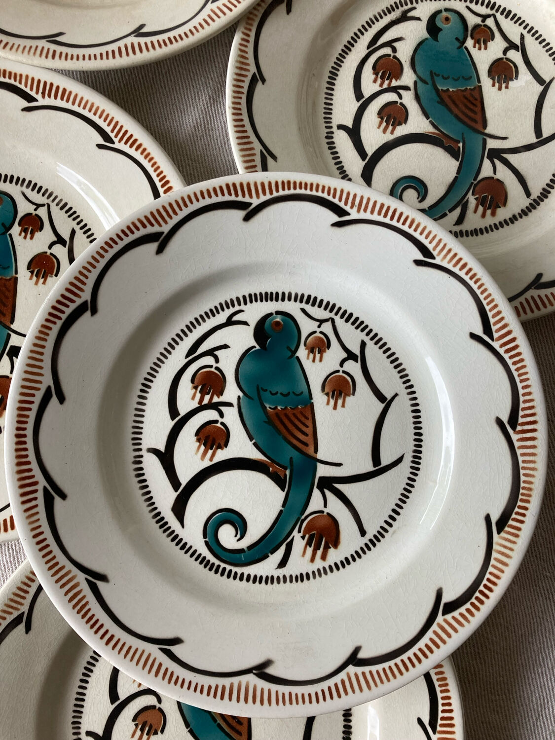 Dessert plates and serving dish, K&G Luneville, parakeet model.