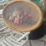 Elliptical painting still life bouquet of flowers oil on wood by Lillie Honnorat