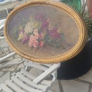 Elliptical table still life bouquet of flowers oil on wood by Lillie Honnorat