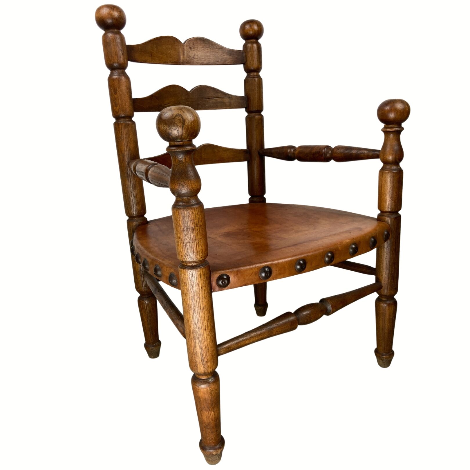 Rustic french farm chair, leather seat ca 1930s-1950s