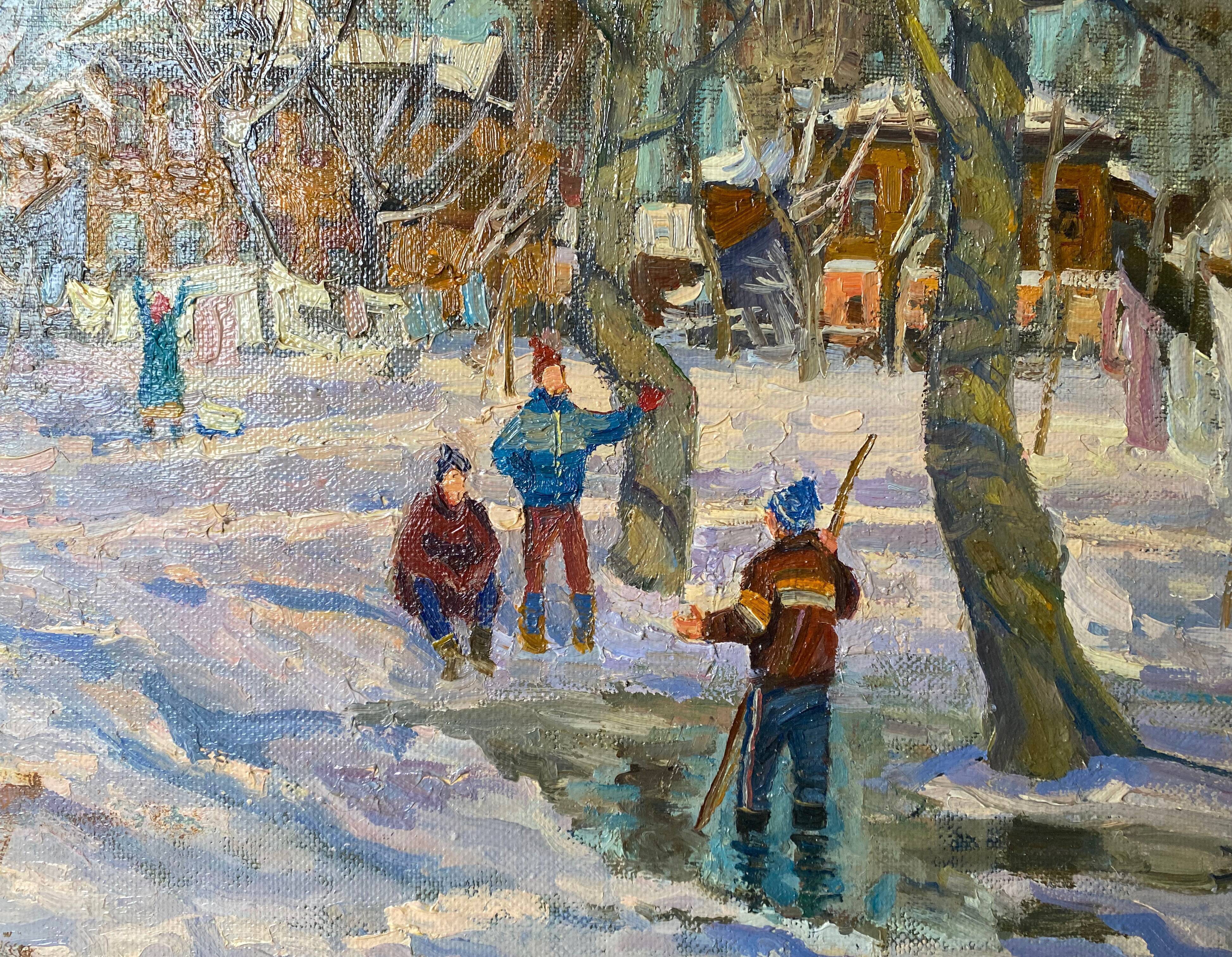 Table Russian school XX° "Animated winter landscape" Children playing signed + frame