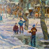 Table Russian school XX° "Animated winter landscape" Children playing signed + frame