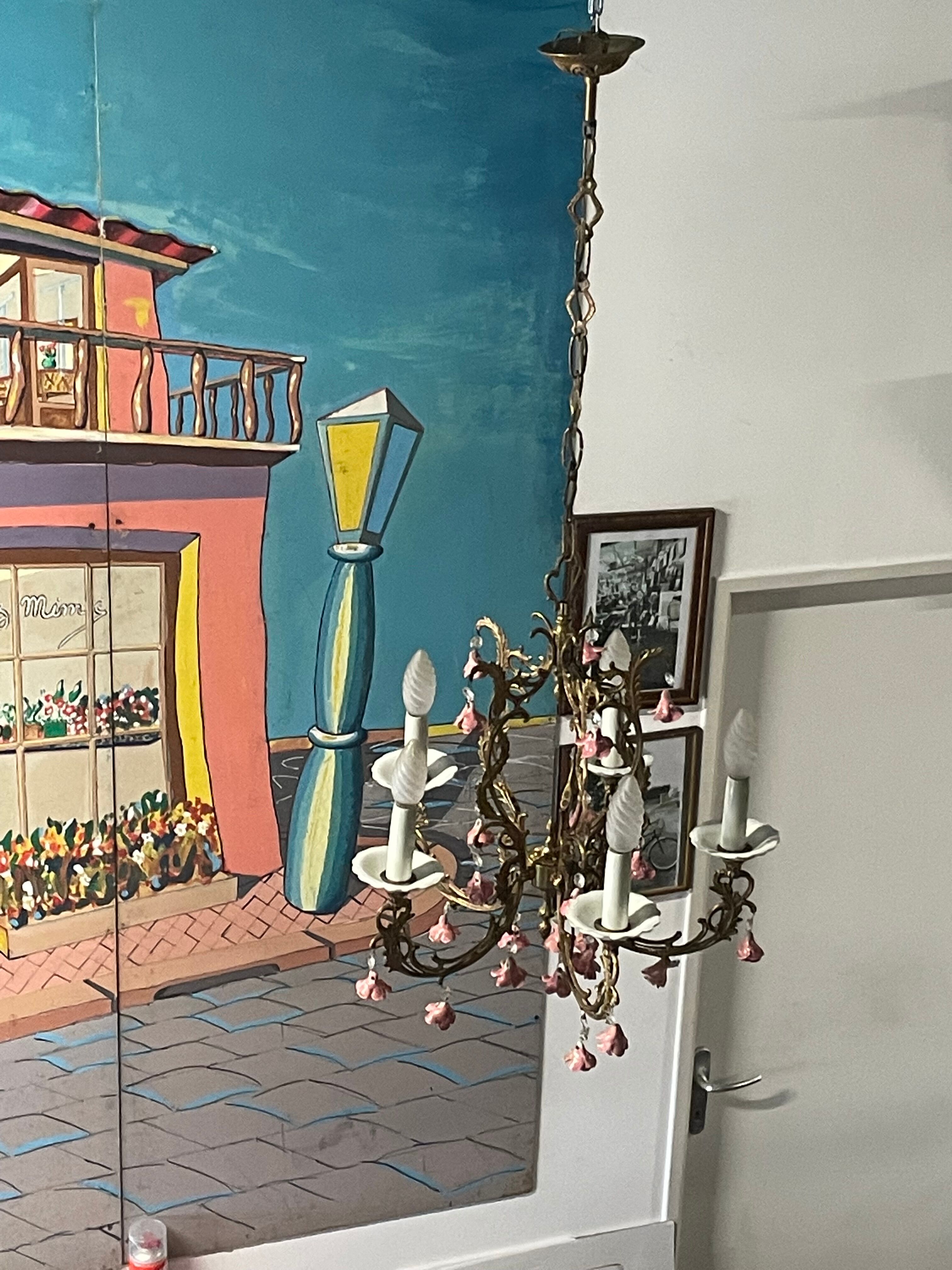 Lustre bronze et porcelaine 5 feux