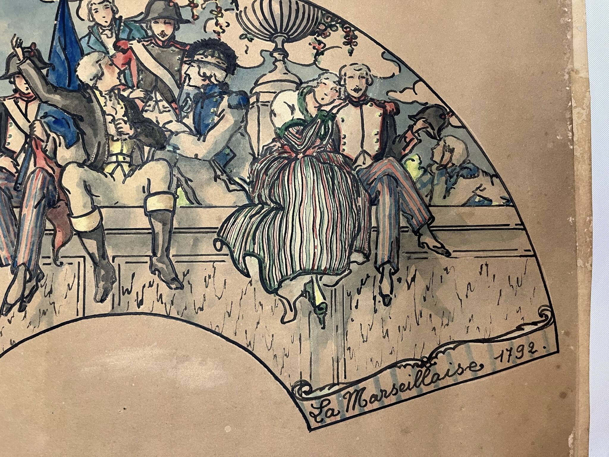 Boscher (Jean-Édouard), watercolor fan project, La Marseillaise, early 20th century