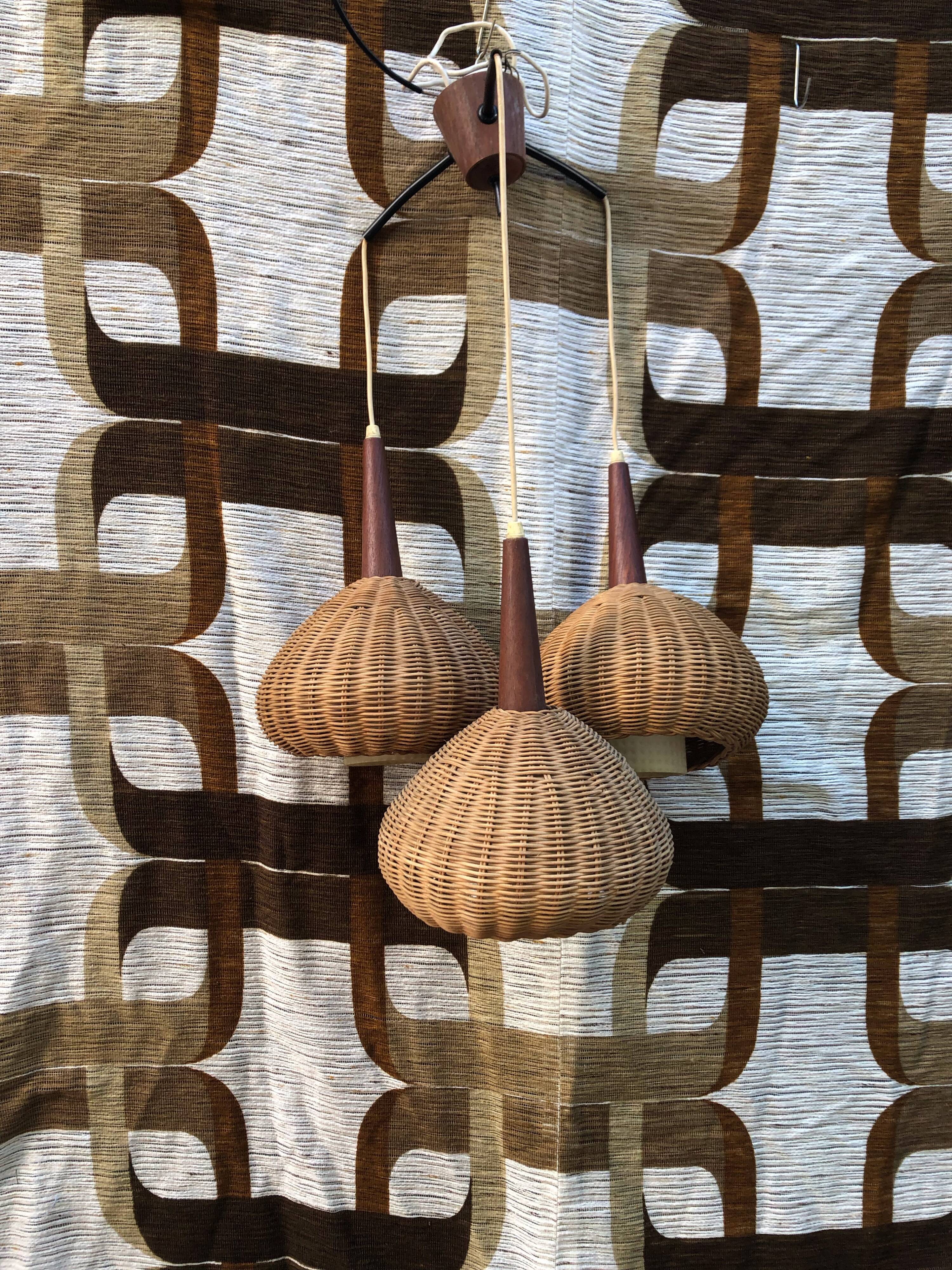 Suspension 3 arms rattan and teak vintage 60s