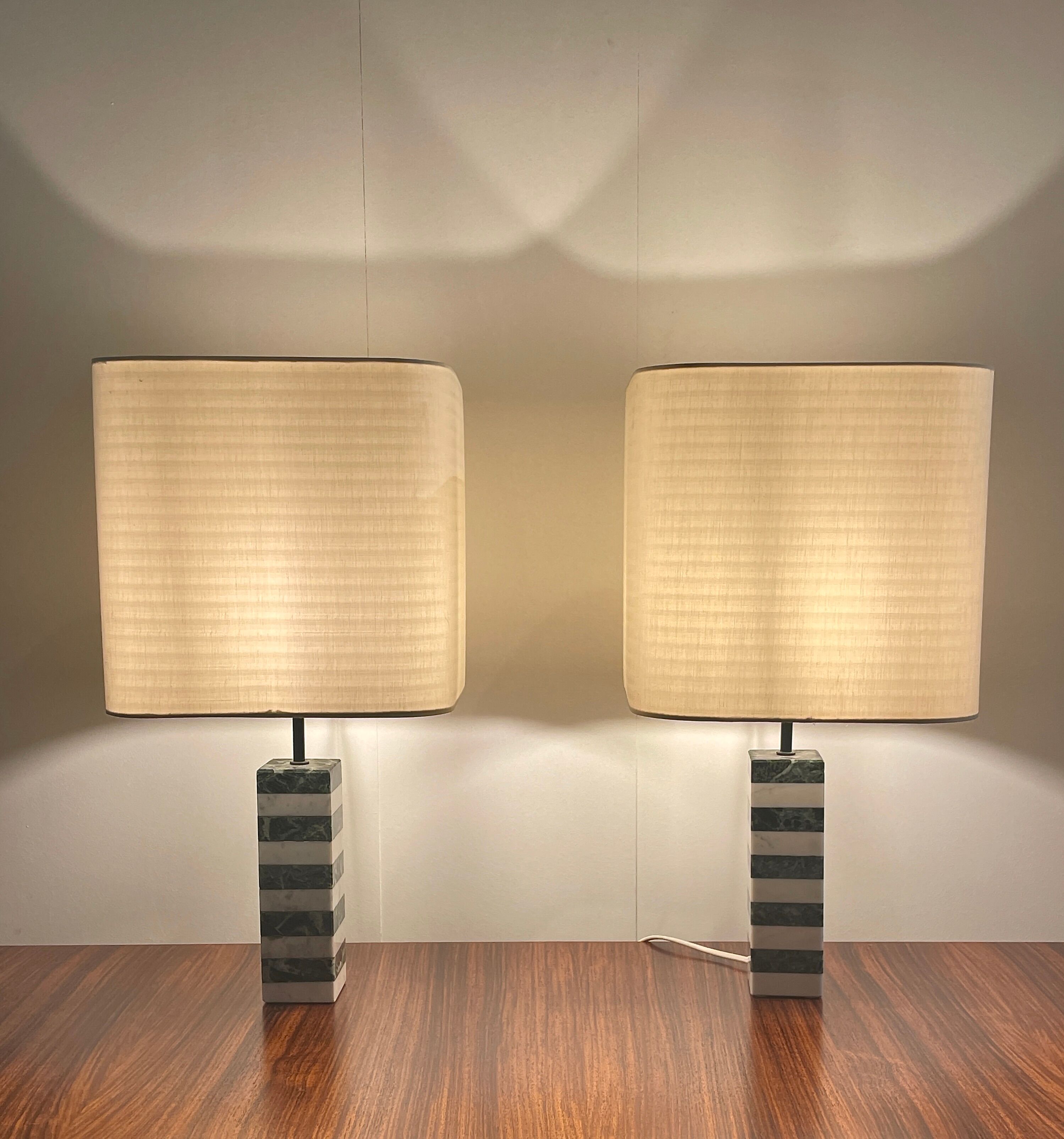 Pair of white and green marble lamps, 1970's