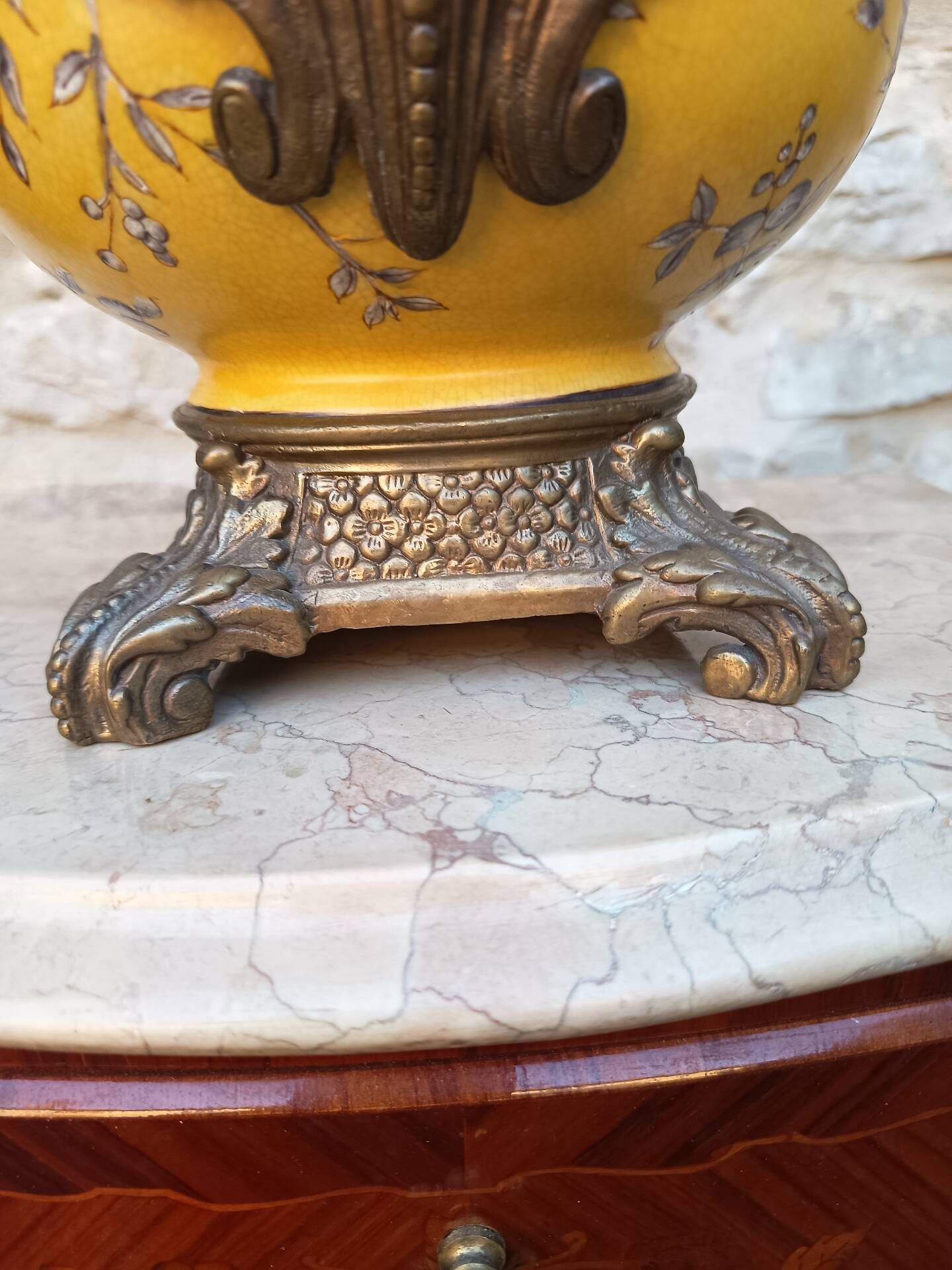 Large lamp base - 43 cm - yellow earthenware with polychrome glazes - 20th century