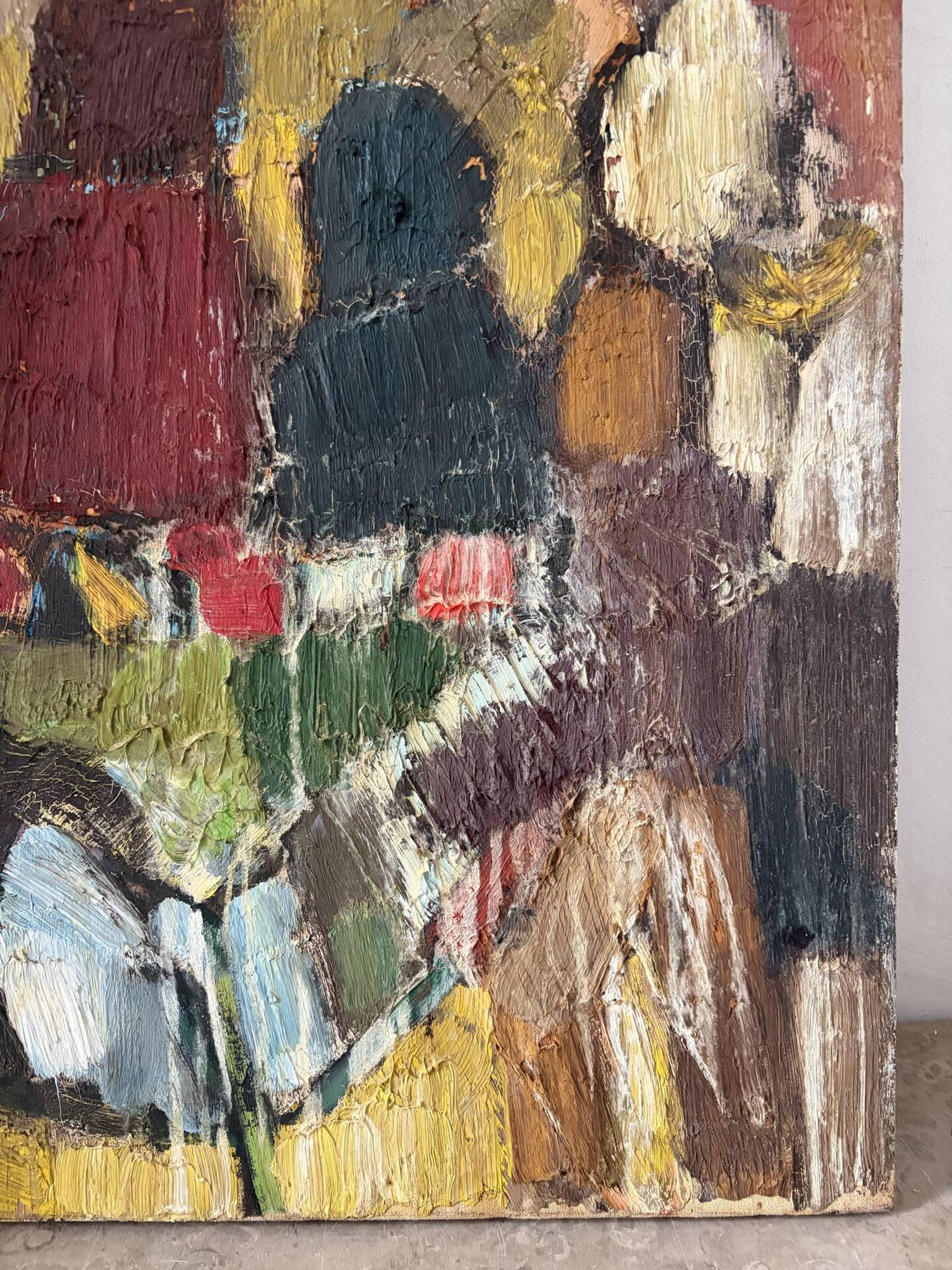 Abstract characters, knife oil, signed Menin.