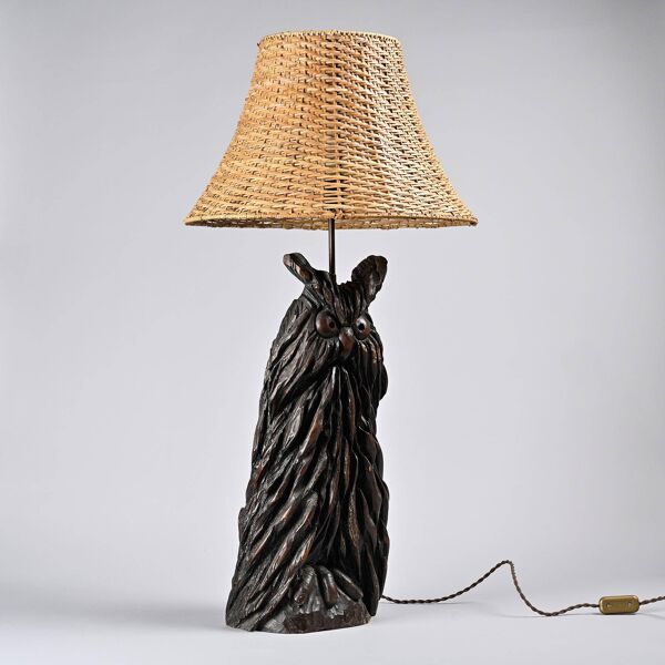 Lampe de table hibou en bois sculpté par BEAL, vers 1970