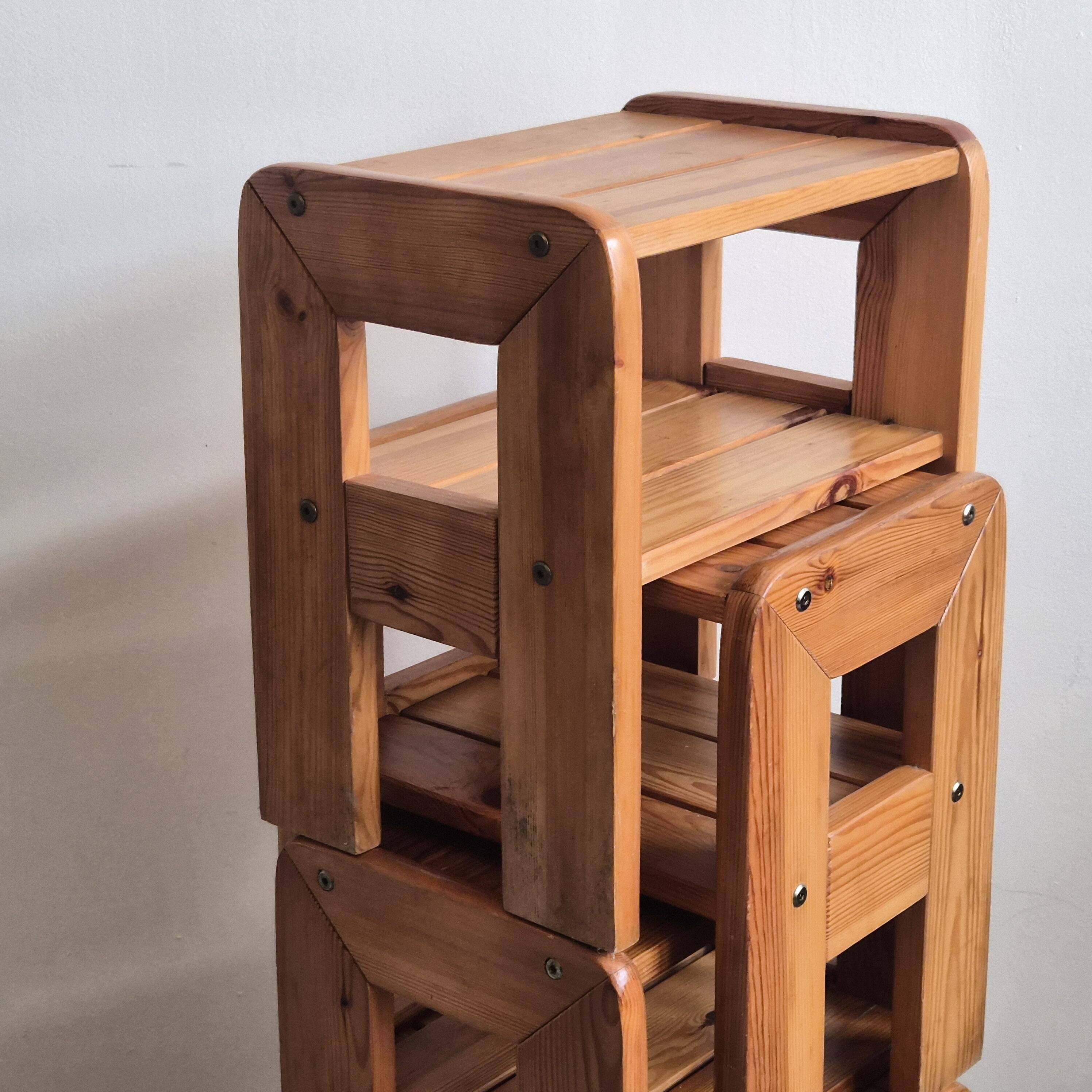 Set of 4 vintage 1970s pine side tables or bedside tables.