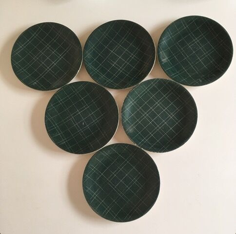 set of 6 flat plates in low-century 50's iron earth faience