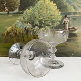 2 antique champagne glasses in engraved glass