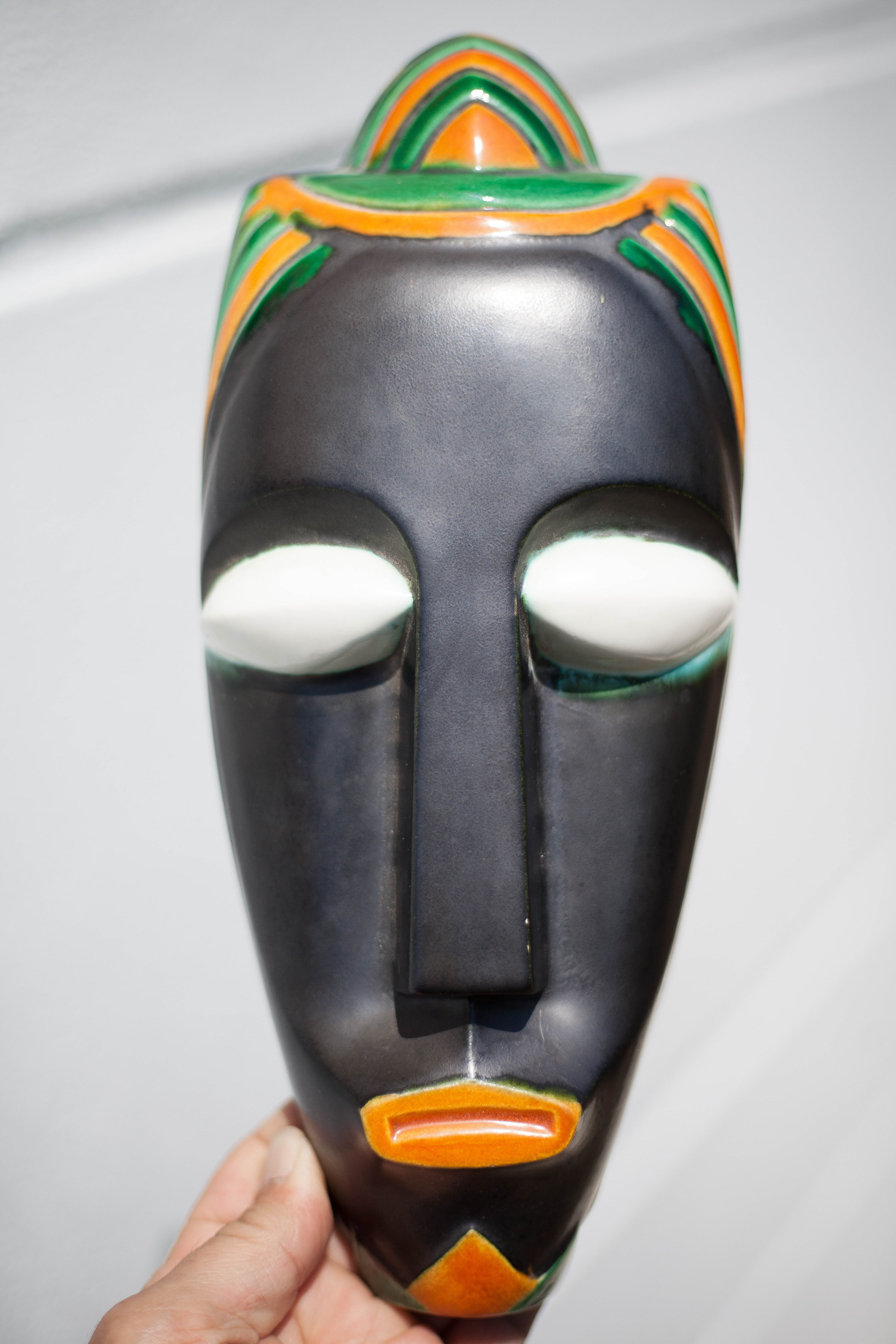 African polychrome faience mask from the Claude Tabet workshop, wall decoration, 50/60's