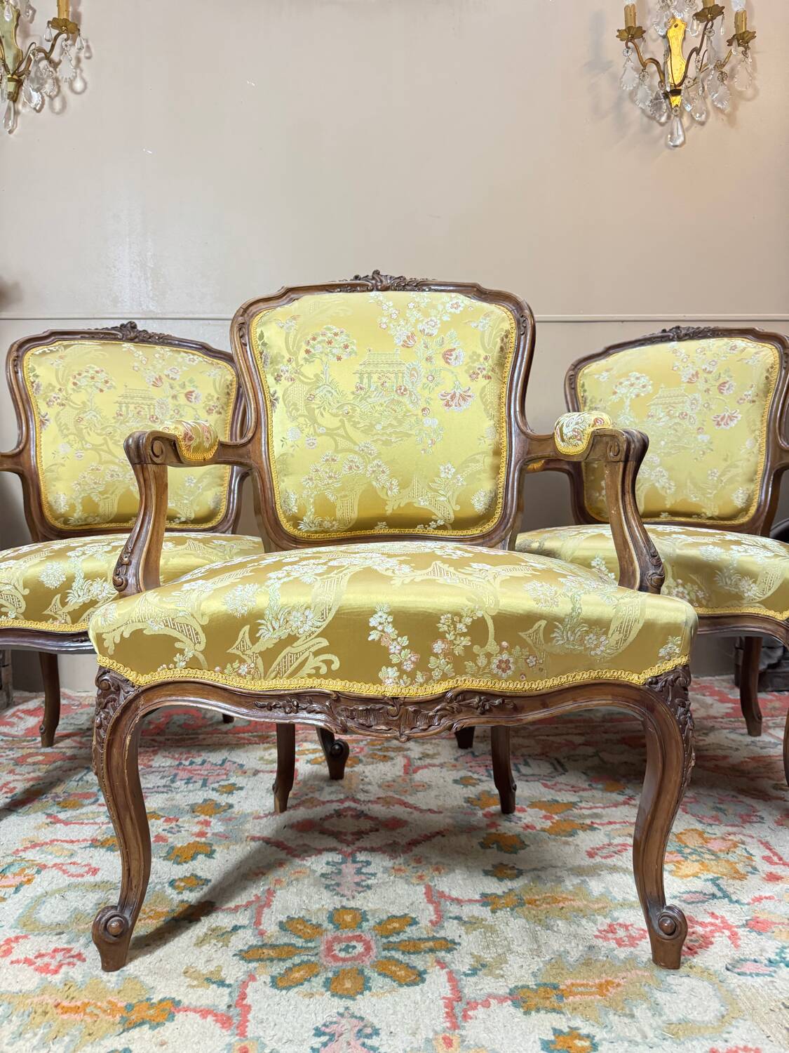 Mercer brothers set of three walnut armchairs in louis xv style xix