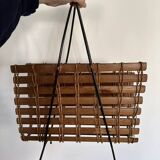 Vintage magazine rack in wood, rattan and wrought iron