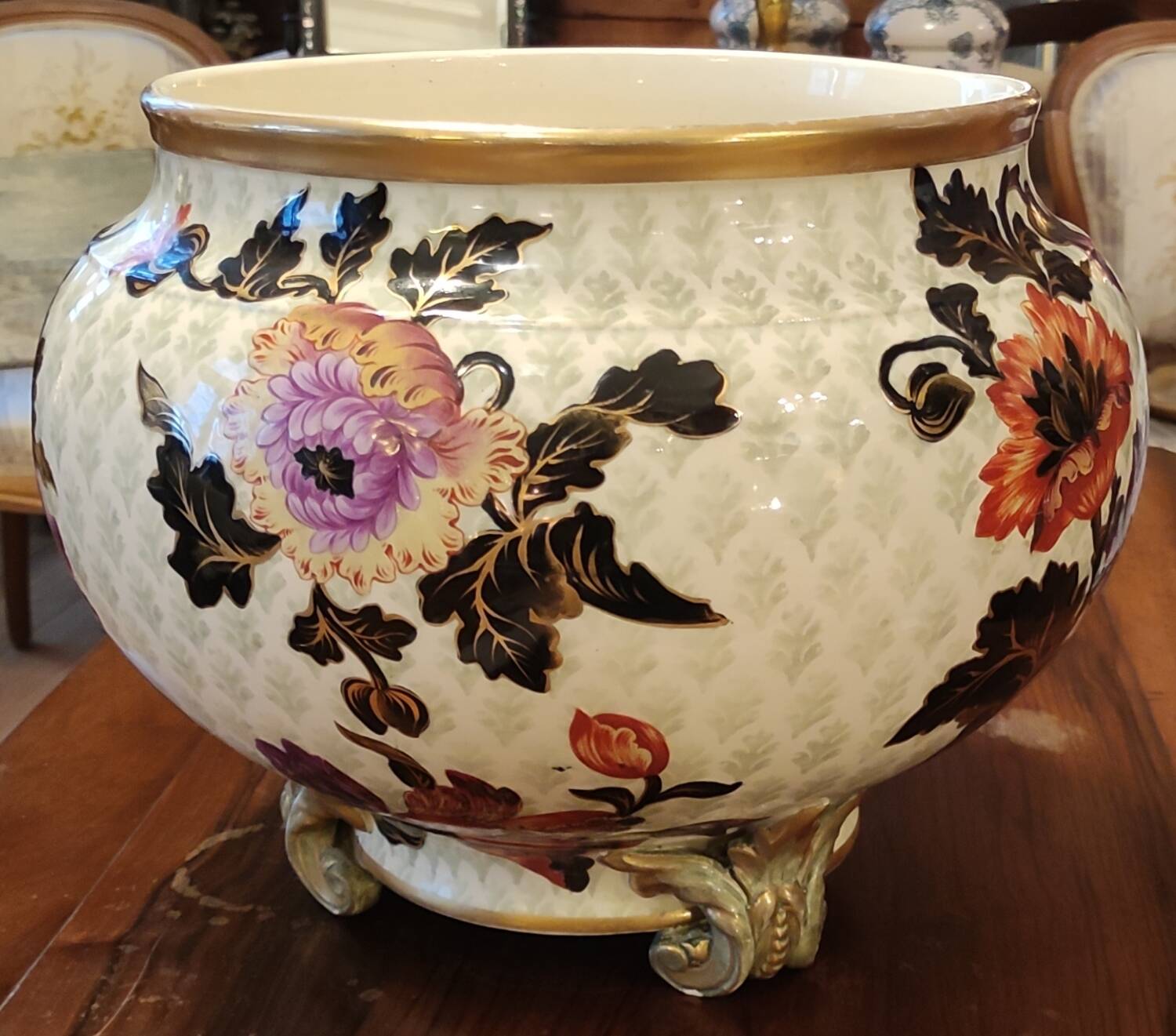 Old large Lunéville flower pot with Japanese floral decor