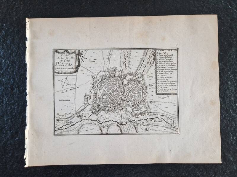 17th century copper engraving "Plan of the town and city of Arras" By Sébastien de Pontault de Be