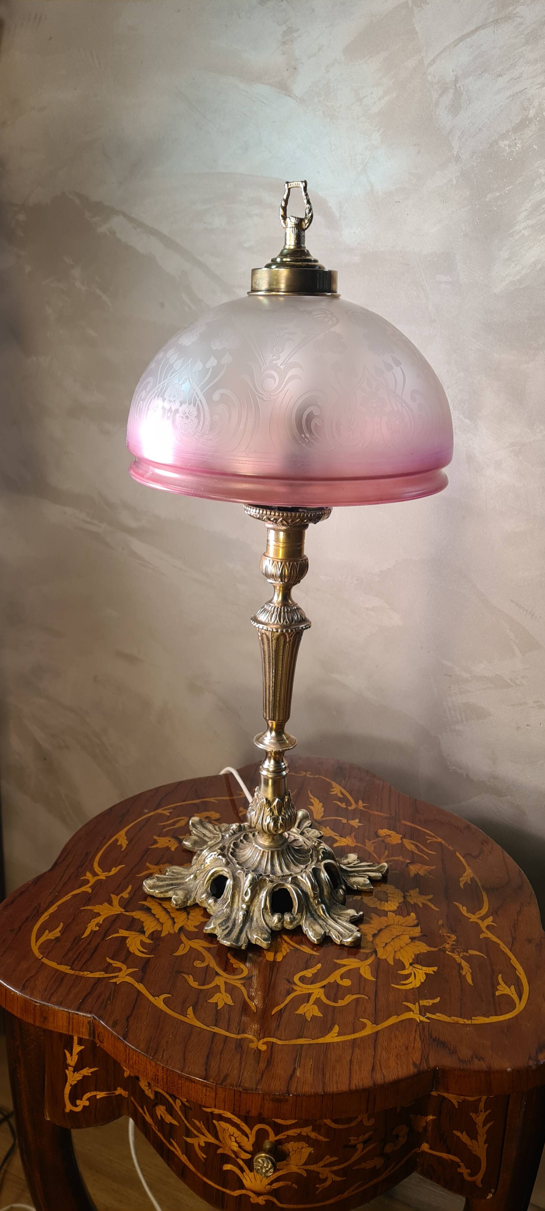 bronze lamp and tinted & acid-etched glass lampshade / Art Nouveau, period product