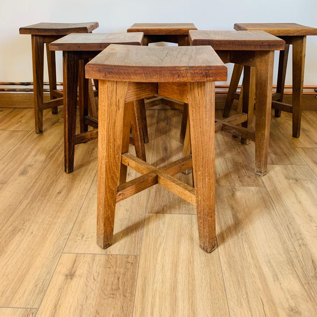 Set of 6 brutalist oak stools