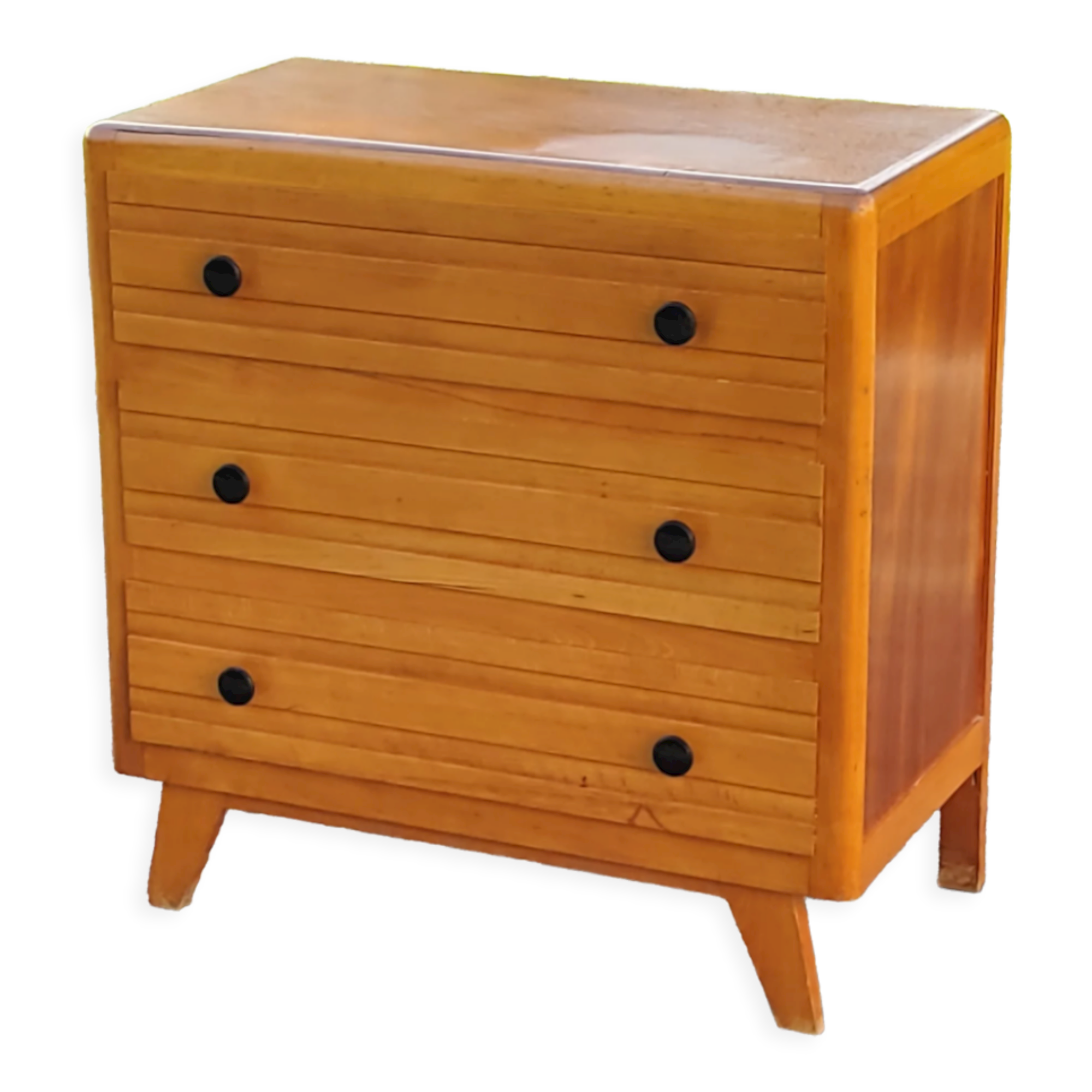 Vintage chest of drawers from the 50s in blond and gold beech 3 drawers feet compass