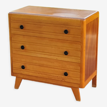 Vintage chest of drawers from the 50s in blond and gold beech 3 drawers feet compass