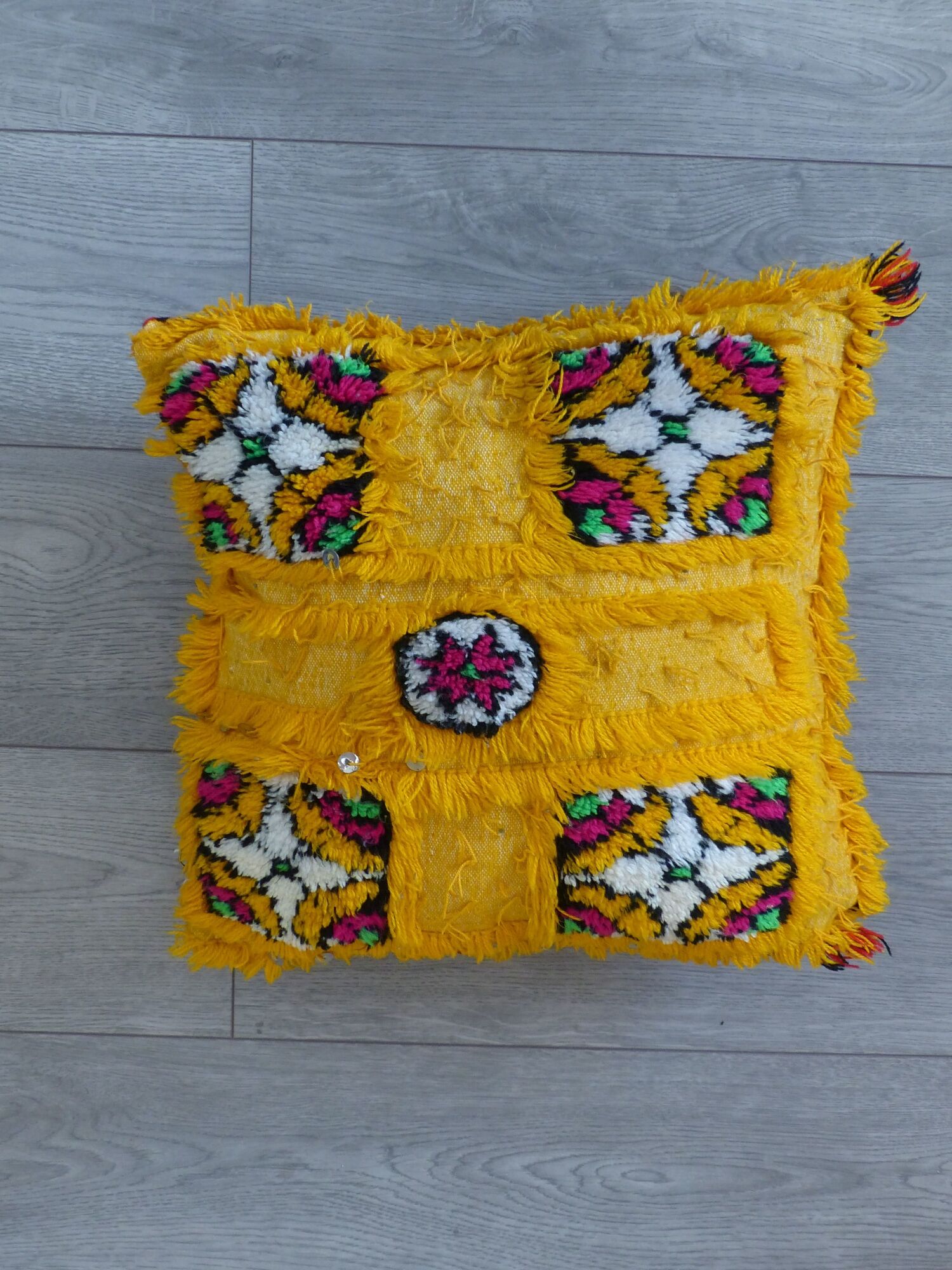 Moroccan yellow Berber cushion handmade 42x44 cm