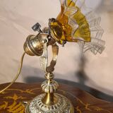 1920 bronze and brass rocking lamp with translucent amber-colored shade