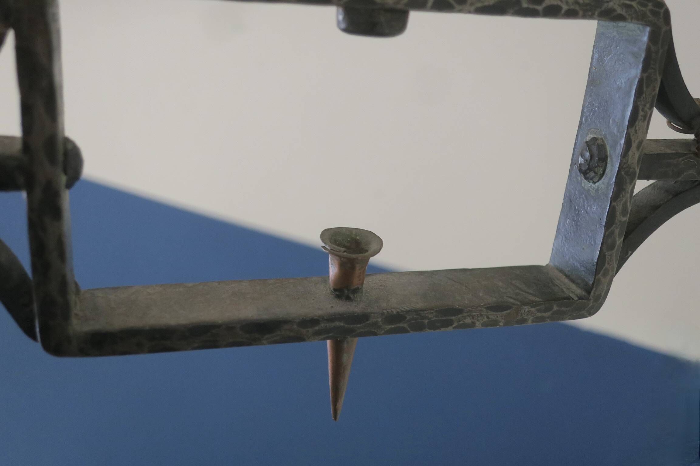 Brutalist wrought iron and copper 2-arm chandelier, 1960s