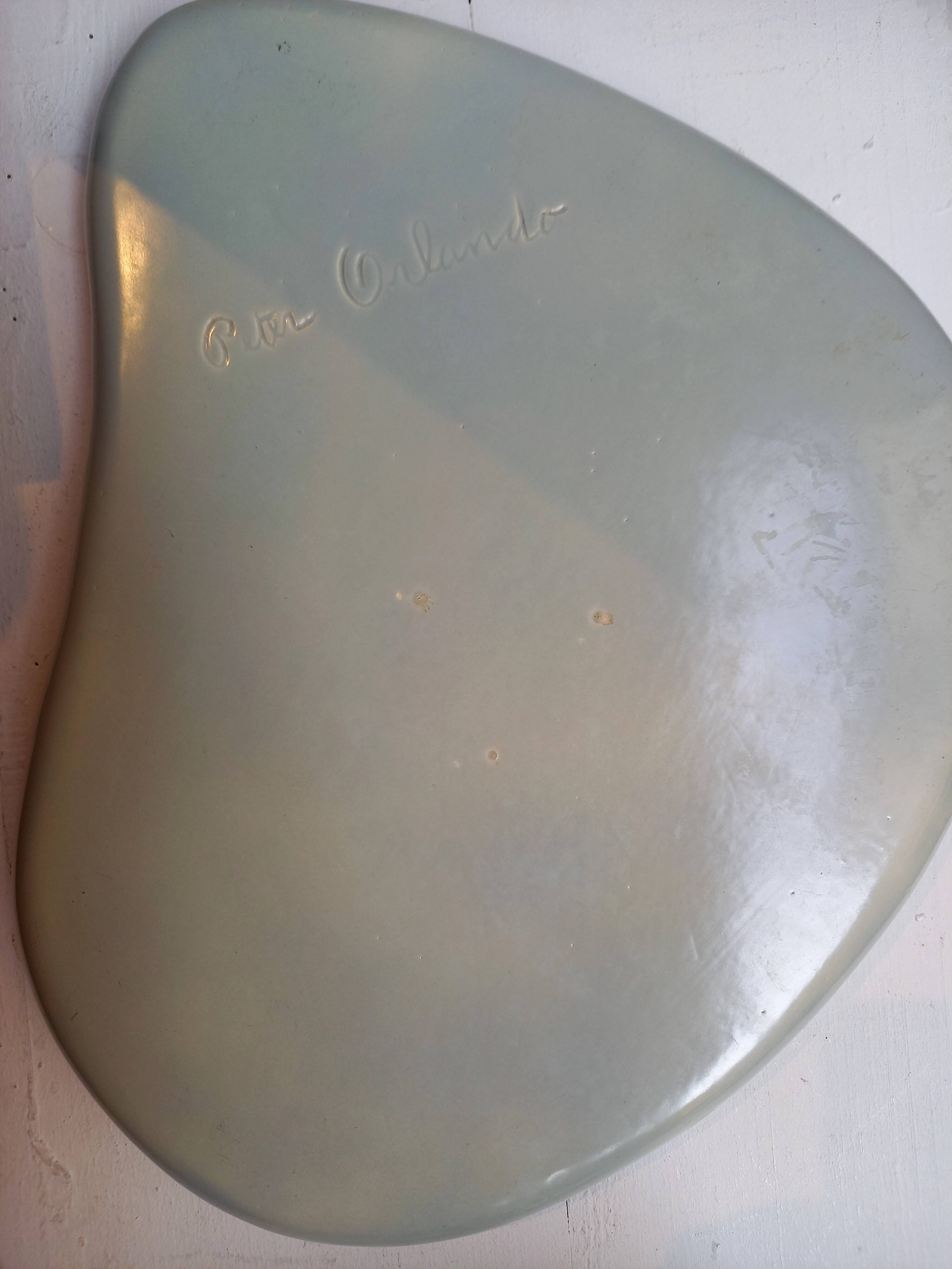 Ceramic dish by Peter Orlando, free form with abstract decoration, 1950s