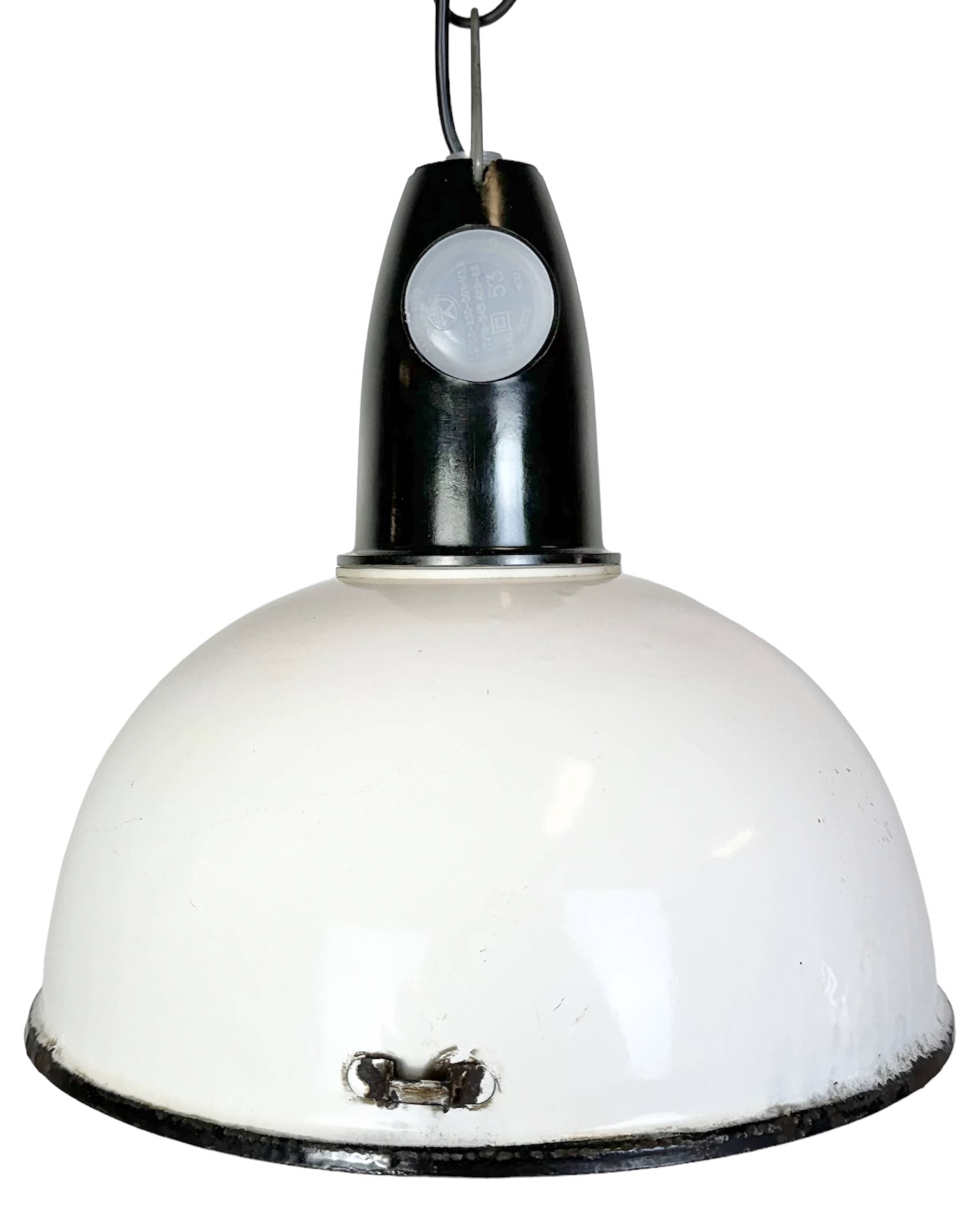 Industrial soviet white enamel pendant lamp, 1960s