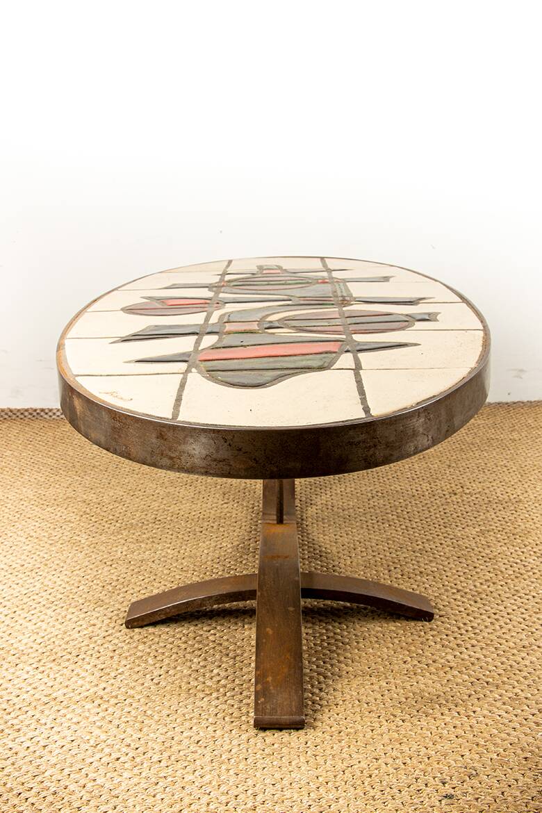 Table basse Française, Acier Chromé et Céramique par Barrois Vallauris 1960