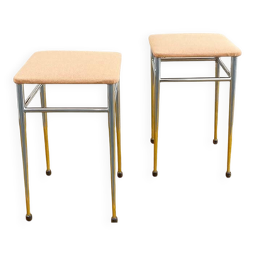 Pair of vintage stools - peach fuzz fabric seat and chrome frame