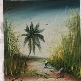 Painting oil on canvas the sugar cane cup in martinique signed william 1980, antilles hst
